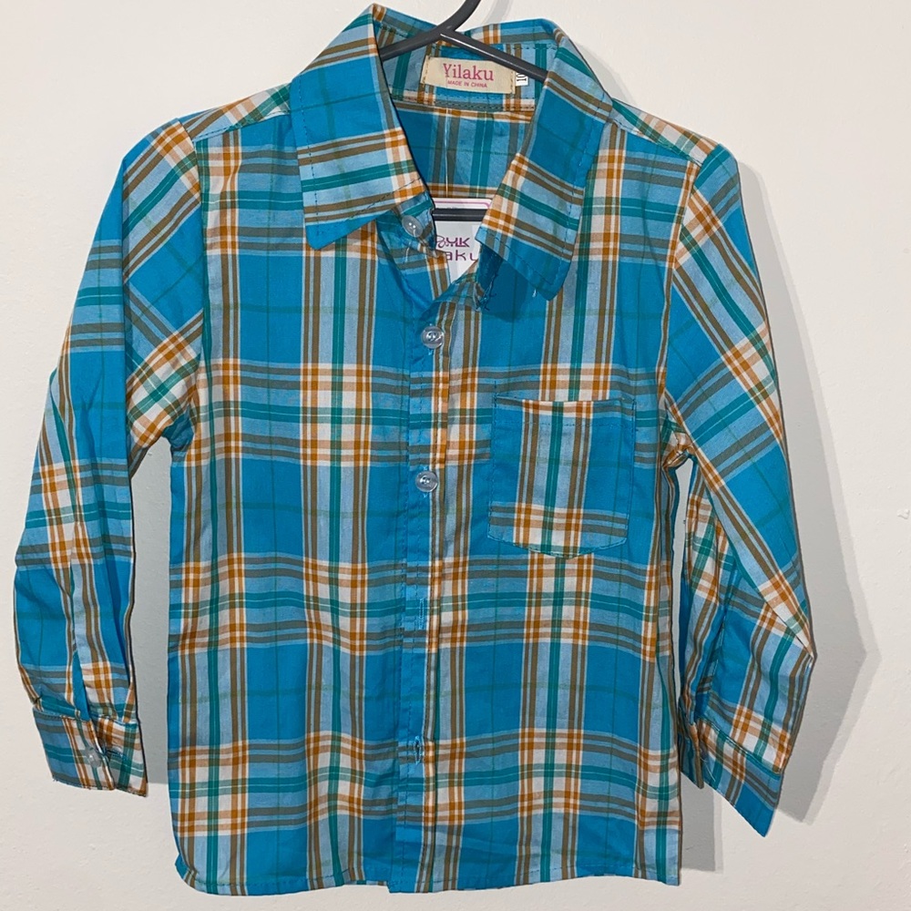 Boys Plaid Collared Shirt Blue/Orange SZ 2T